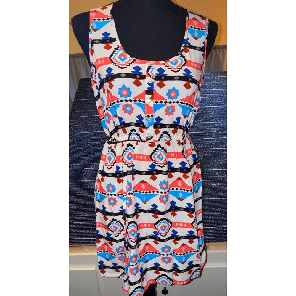 Bongo Geometric Southwestern Dress Women M Multi Color Good Cutout Back